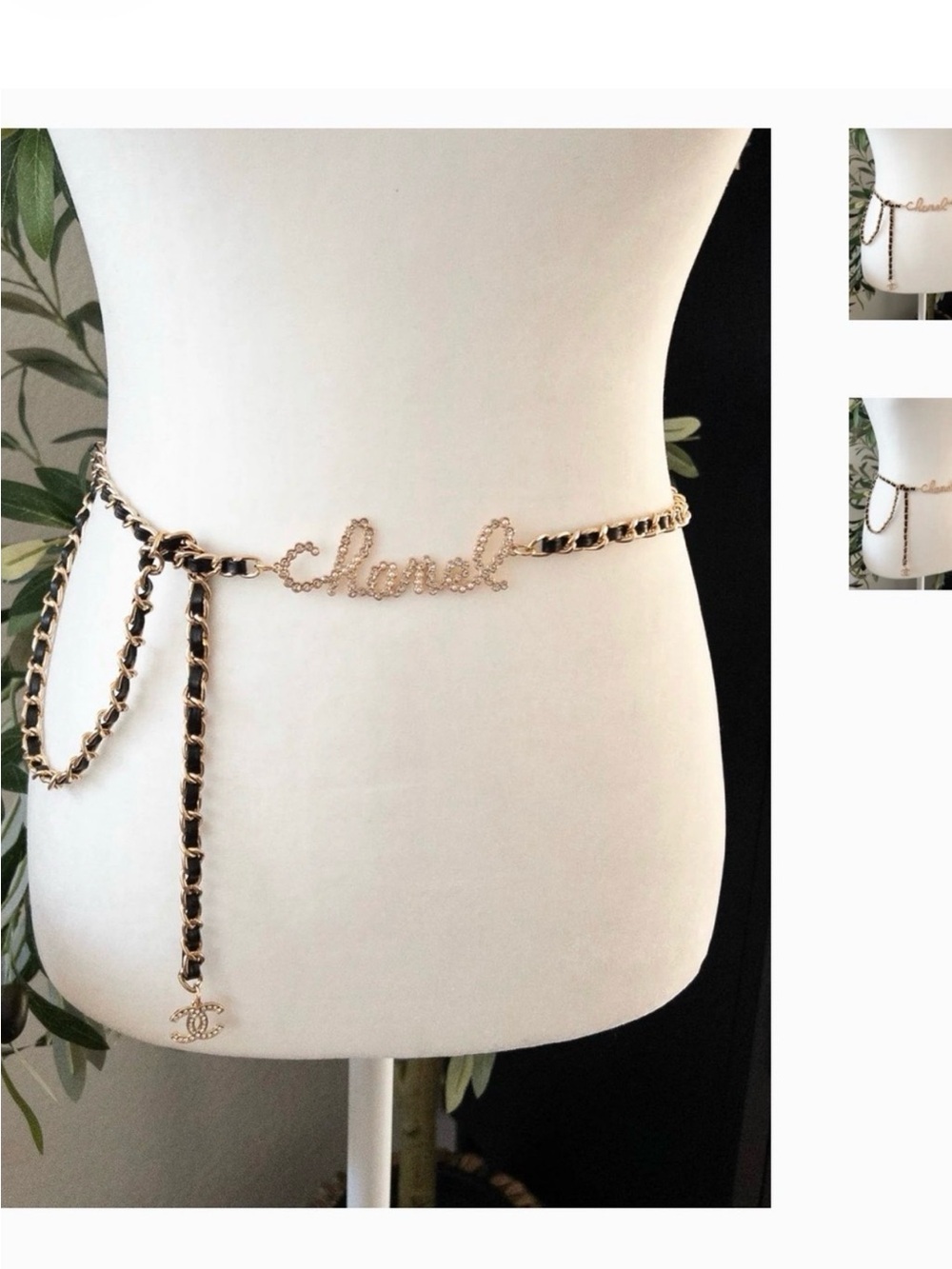 Chanel STAINLESS STEEL NEVER TARNISH Gold and Black Chain Belt with Script Logo